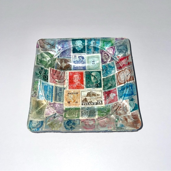 Postage Stamp Ashtray 4.5” Square Glass Blue Felt Bottom Mid Century Vintage - Picture 2 of 8